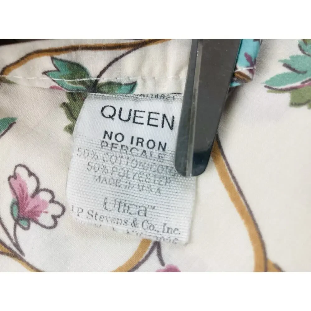 Vintage J P Stevens Utica Queen Flat Sheet Pink Purple Blue Flowers Mosaic Teal